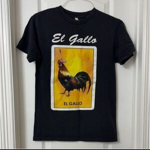 El Gallo Mexican Loteria  Black T-Shirt 100% Cotton Short Sleeve Tee Size S